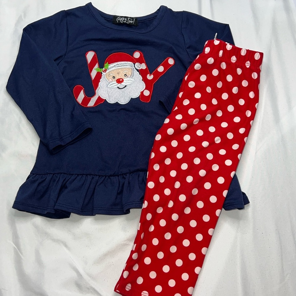 Rare Too Santa Joy Blue Christmas Long Sleeve & Red Pant Matching Set Girl 18 Mo